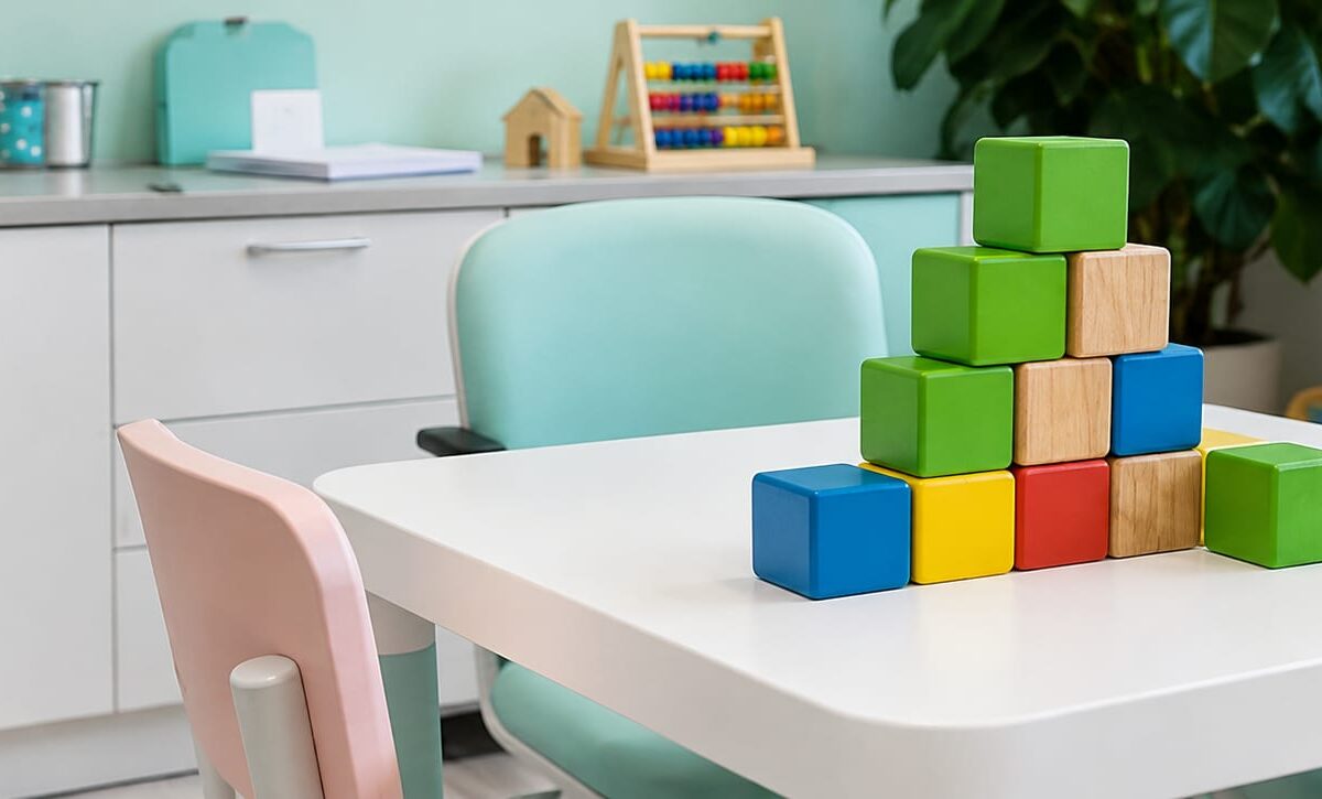 Sala de atendimento infantil com mesa, cadeiras e blocos coloridos, representando um ambiente de aprendizagem e intervenção comportamental.