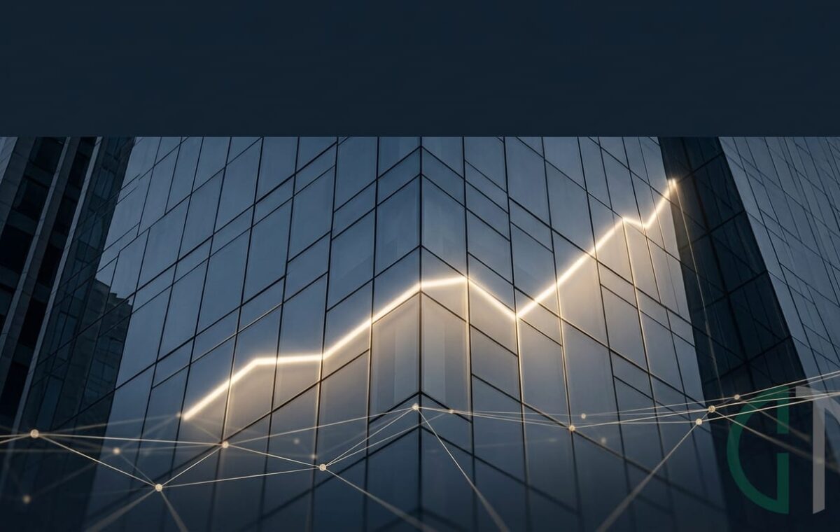 Fachada de edifício corporativo reflete gráfico ascendente e rede de conexões digitais, em alusão ao semestre recorde do crowdfunding de investimento.