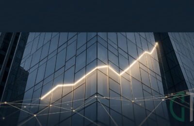 Fachada de edifício corporativo reflete gráfico ascendente e rede de conexões digitais, em alusão ao semestre recorde do crowdfunding de investimento.