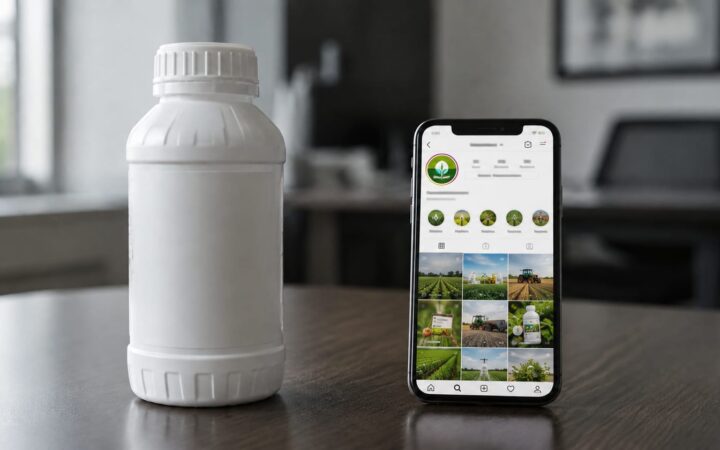 Frasco genérico de defensivo agrícola ao lado de um celular exibindo um perfil fictício do setor nas redes sociais, em ambiente corporativo.