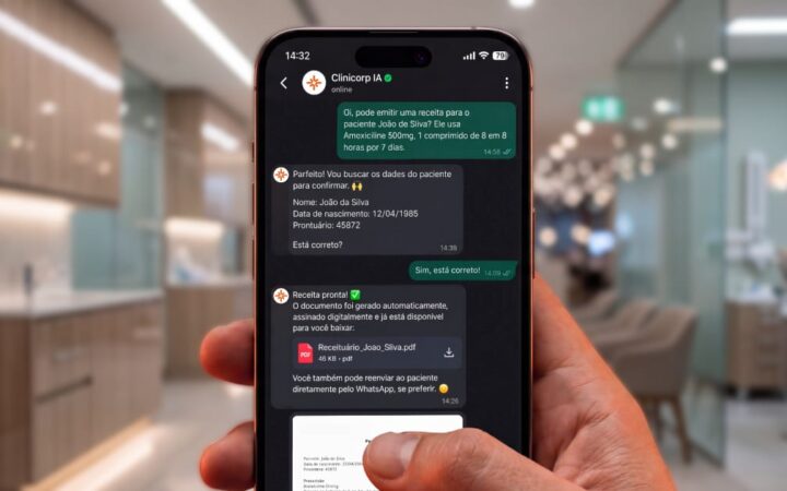 Receituário via WhatsApp, do Clinicorp, é o primeiro do Brasil a unir emissão pelo app, inteligência artificial e assinatura digital com validade jurídica.