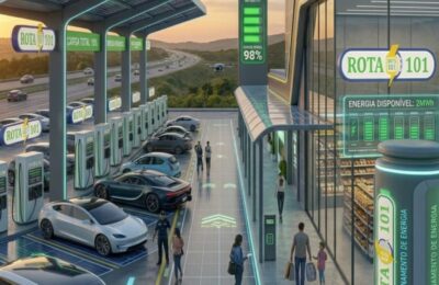 Projeção conceitual de unidade da rede Rota BR 101: estação de recarga rápida com carregadores DC, cobertura fotovoltaica e conveniência integrada ao longo do corredor da BR-101.