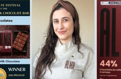 Francine Corrado, engenheira de alimentos e proprietária da ALMA Chocolates, celebra a medalha de prata na categoria chocolate ao leite do Chocolate Alliance Awards.
