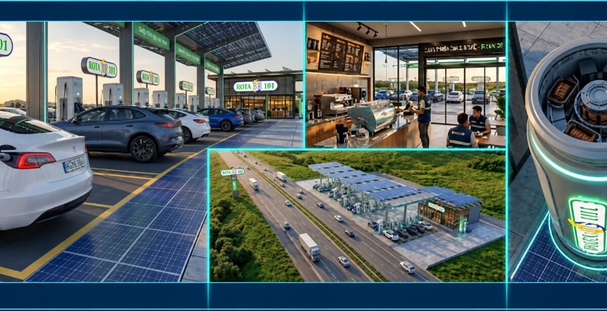 Projeção conceitual do modelo de unidade da Rota BR 101, com eletroposto, conveniência completa e cafeteria integradas e implantação à beira da rodovia.