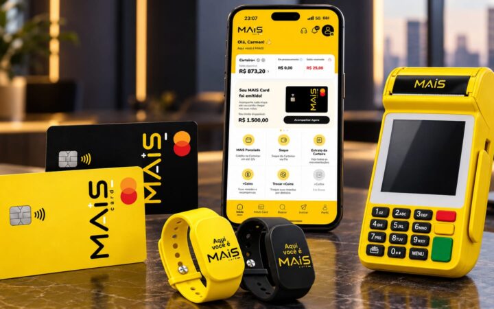 Ecossistema da MAIS Card reúne cartão de crédito, aplicativo, maquininha e pulseiras NFC em uma experiência financeira integrada.