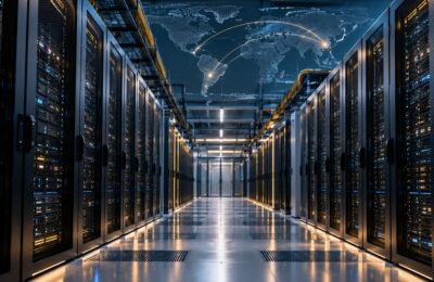 Corredor de data center com servidores de alta capacidade e representação de conectividade global, simbolizando o avanço da infraestrutura digital, da inteligência artificial e das conexões internacionais.