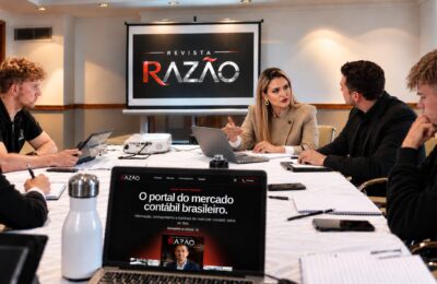 Identidade visual da Revista Razão em ambiente corporativo, com o Portal Razão em destaque.